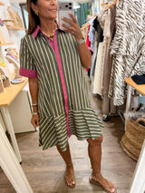 Olive & Pink Stripes Shirt Dress