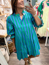 Green & Blue Stripes Back Detail Dress