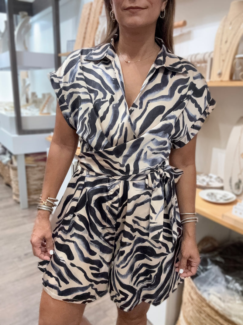 Blue Print Waist Tie Romper