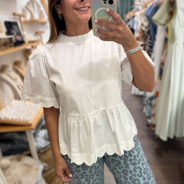 White Scalloped Hem Top