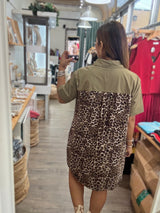 Leopard & Olive Print Front Pockets Dress