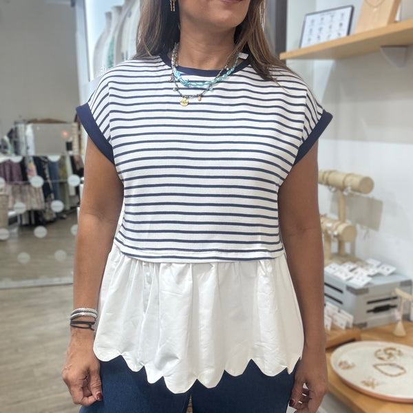 Navy Stripes Scalloped Hem Top