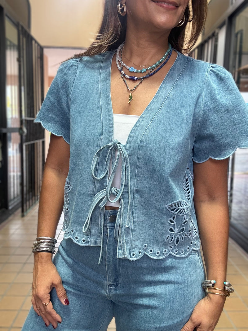 Light Denim Ties Front Top & Pant Set