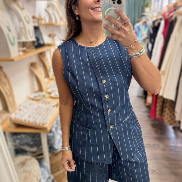 Indigo Denim Striped Top & Shorts Set