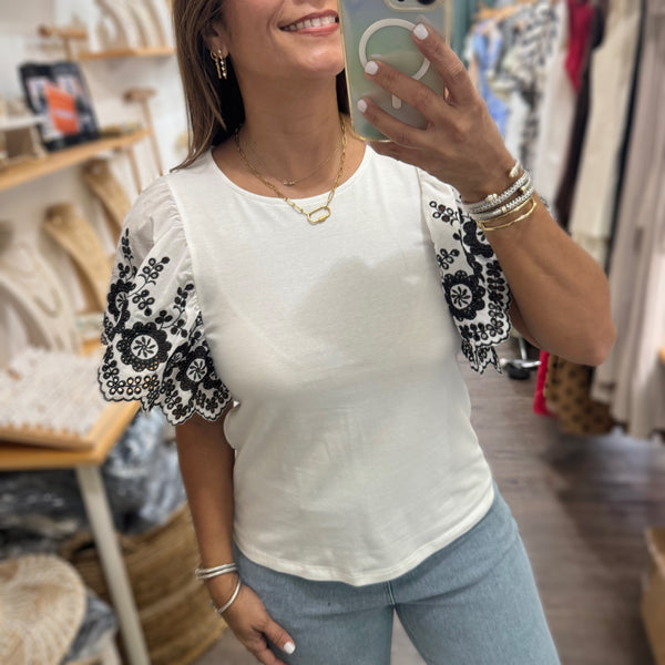 White Embroidery Sleeves Top