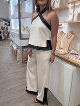 Beige & Black Halter Top & Pants Set