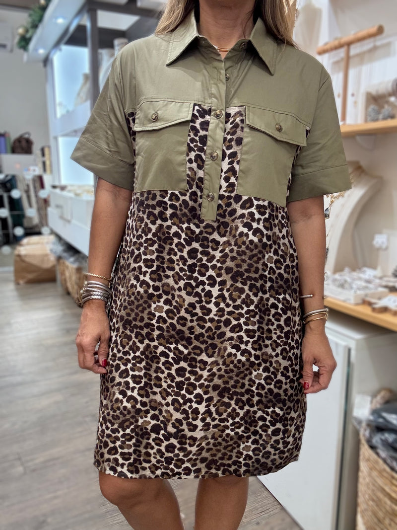 Leopard & Olive Print Front Pockets Dress