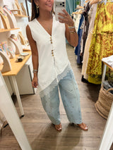 White Asymmetrical Lace Hem Top