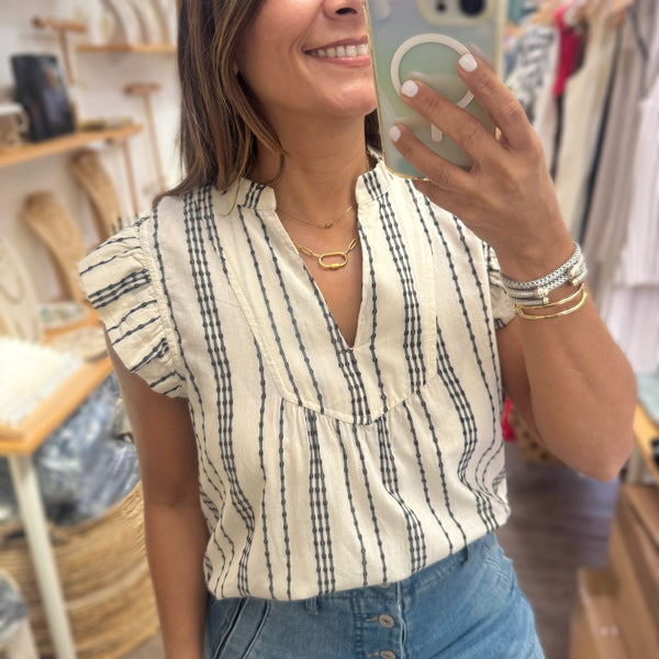White & Black V -Neck Top