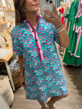 Aqua & Purple Print Neck Detail Dress
