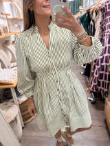 Green Stripes Cinched Waist Dress
