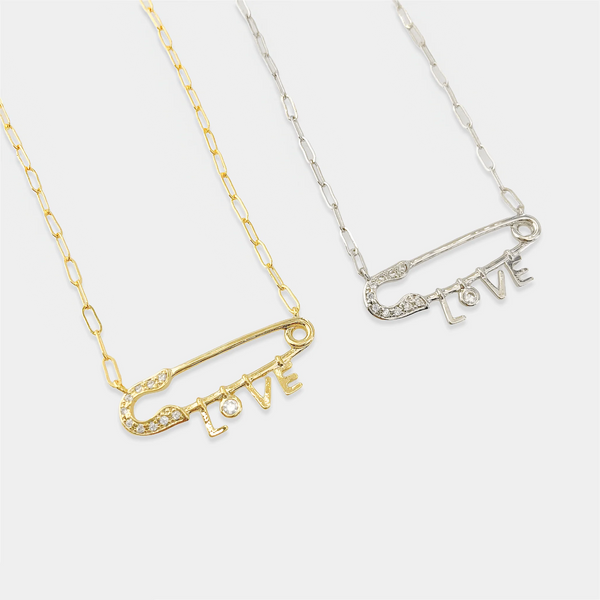 Silver Love Safety Pin Necklace (CH)