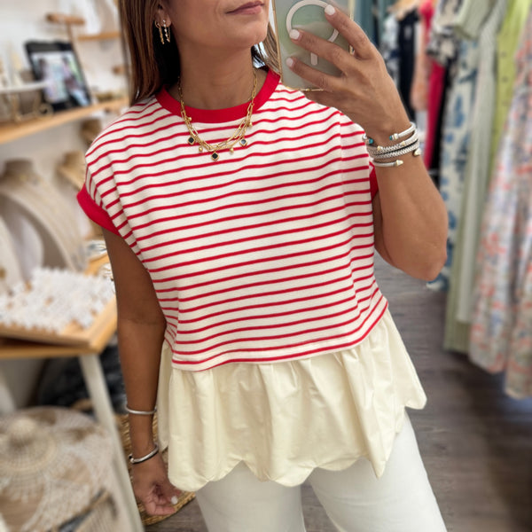 Red Stripes Scalloped Hem Top