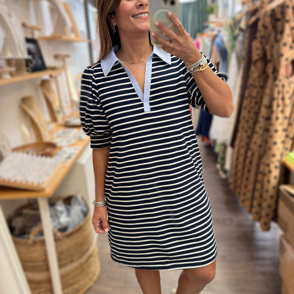 Navy Striped Collared Neck Dress