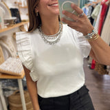White Ruffled Sleeves Ribbed Top