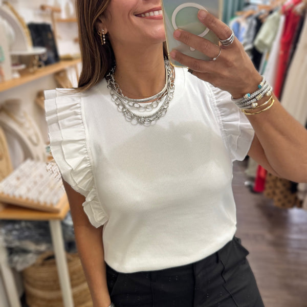 White Ruffled Sleeves Ribbed Top
