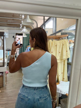 Light Blue One Shoulder Ribbed Top