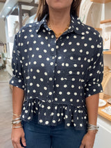 Navy Polka Dots Button Down Top