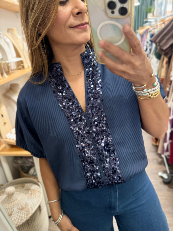 Navy Sequin Detail Textured Top