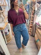 Burgundy V-Neck Trim Detail Top