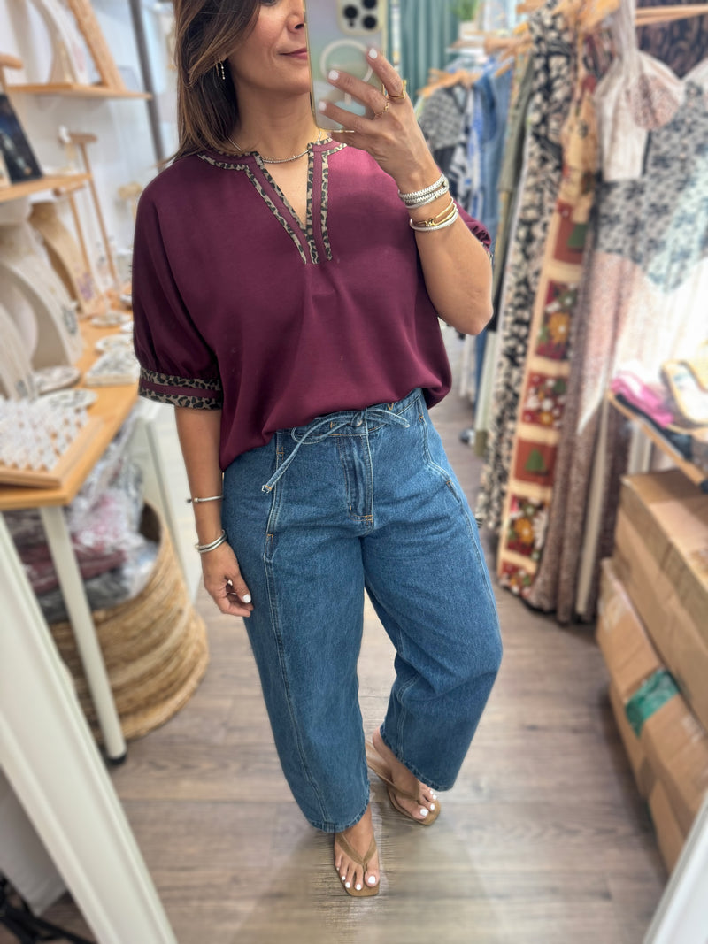 Burgundy V-Neck Trim Detail Top