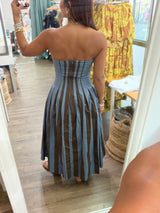 Dusty Blue & Brown Strapless Dress
