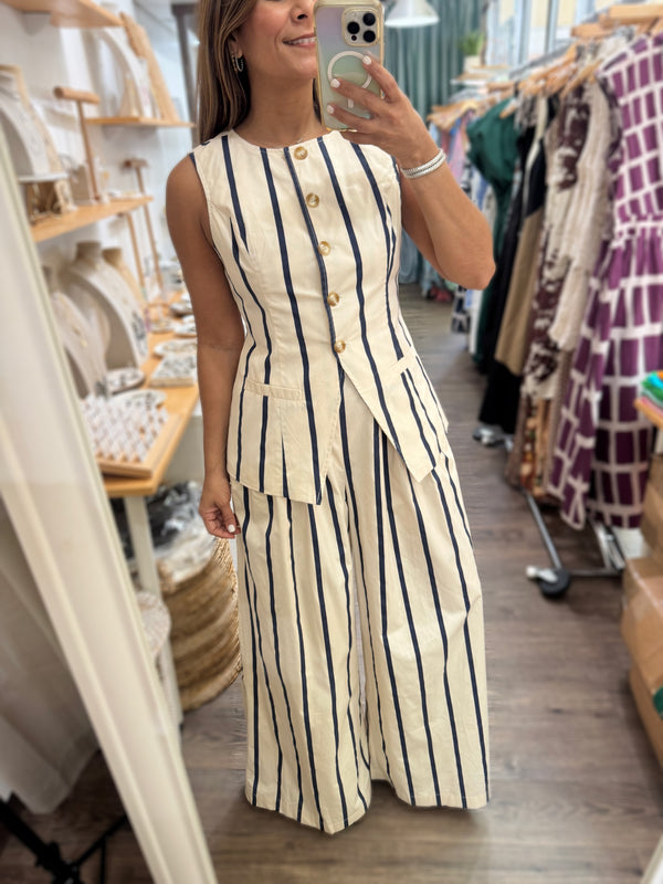 Ivory & Navy Stripes Vest & Pant Set