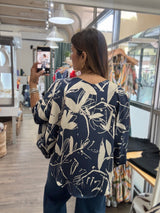 Navy Print Drawstring Top