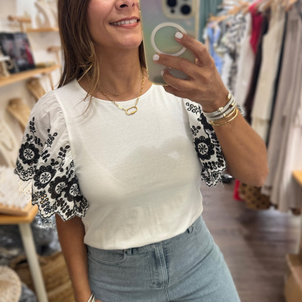 White Embroidery Sleeves Top