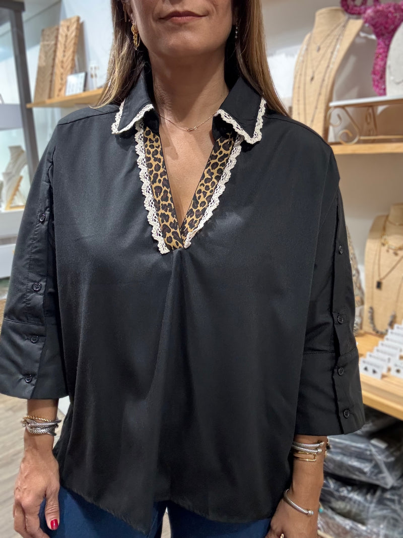 Black Lace Trim 3/4 Sleeves Top