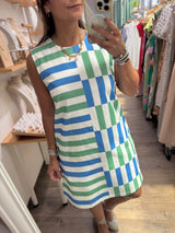 Blue & Green Geometric Print Dress