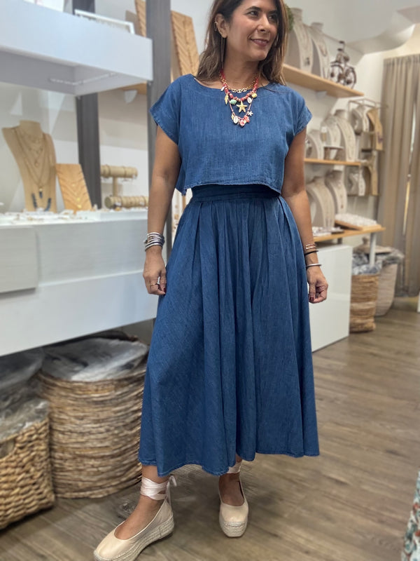 Denim Top & Midi Skirt Set