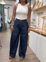 Dark Denim Pleated Detail Jeans