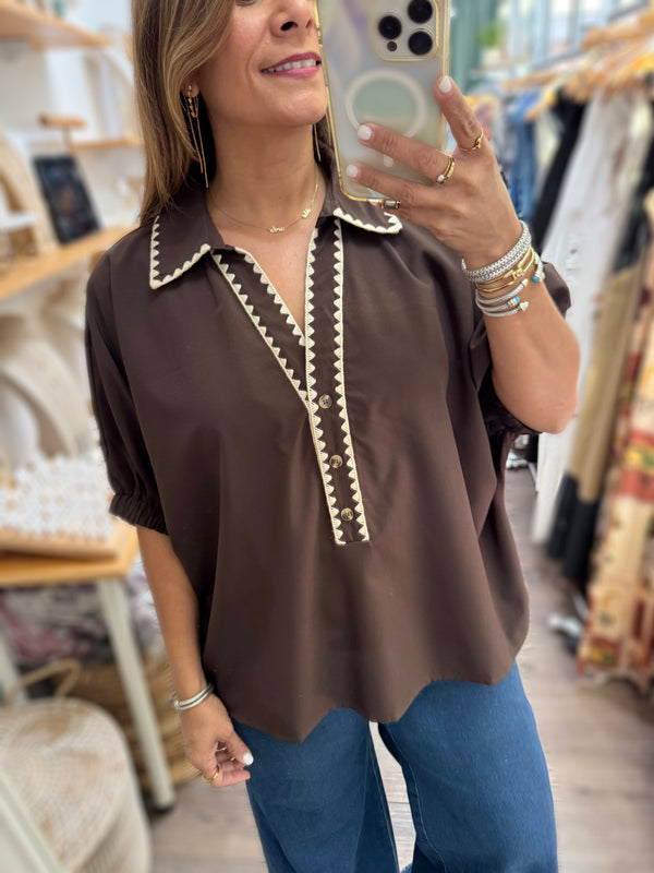 Mocha Embroidered Detail Collared Top