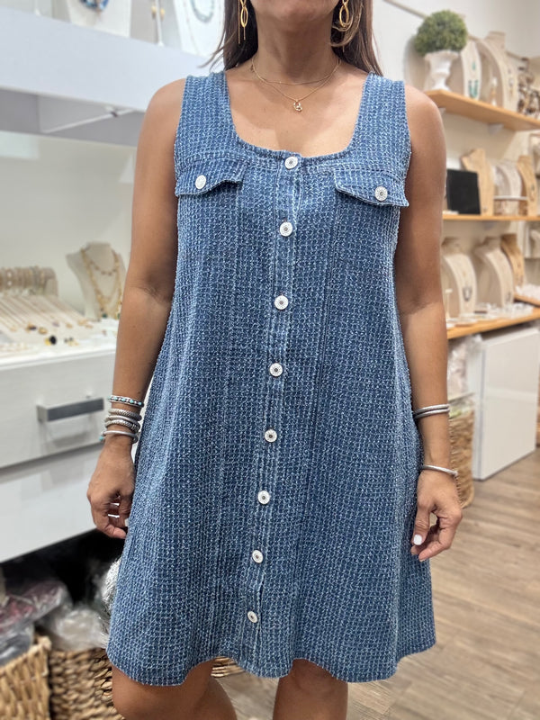 Denim Square Neck Textured Dress