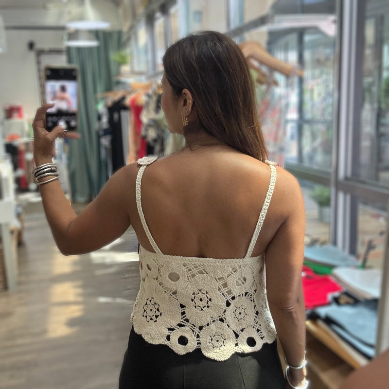 Beige Crochet Flowers Strappy Top