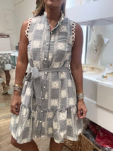 Navy Gingham & Embroidered Dress