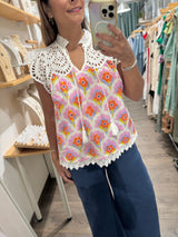 Colorful Print & Eyelet Top
