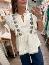 Ivory & Blue Embroidery Top