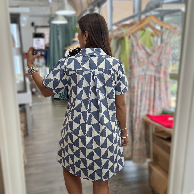 Blue Geometric Print Shirt Dress
