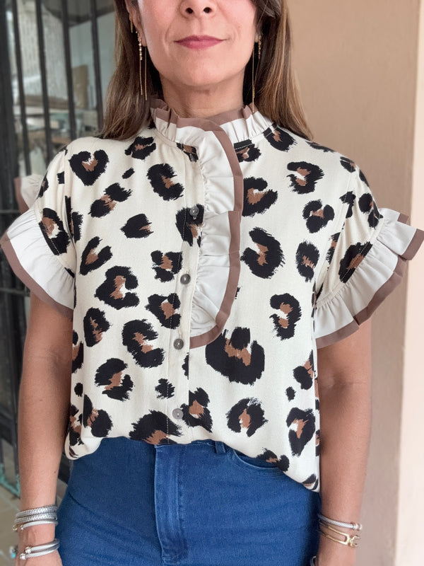 Animal Print Ruffled Detail Top