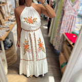 White Embroidered Halter Maxi Dress