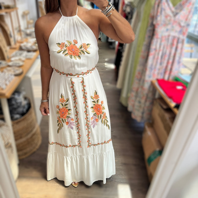 White Embroidered Halter Maxi Dress