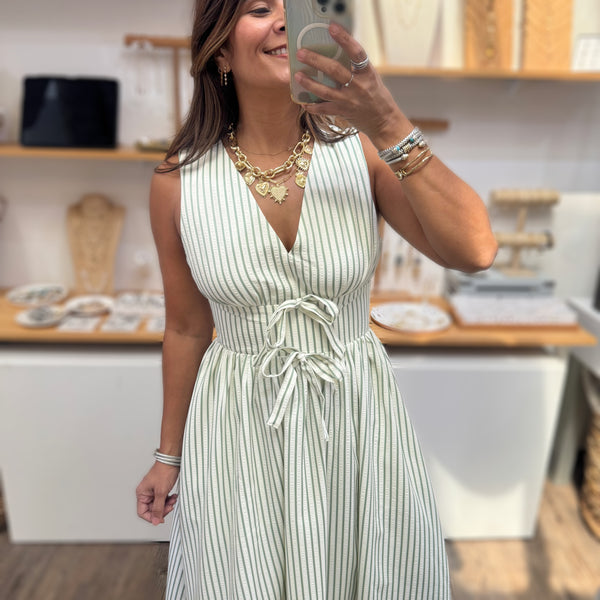 Green Stripes Front Ties Dress