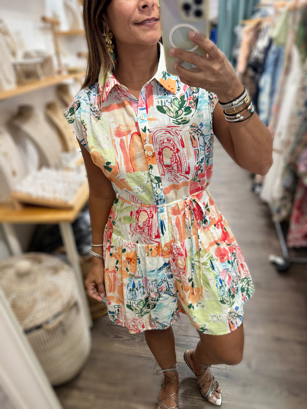Colorful Print Button Down Romper
