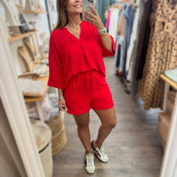 Red V-Neck Top & Shorts Set