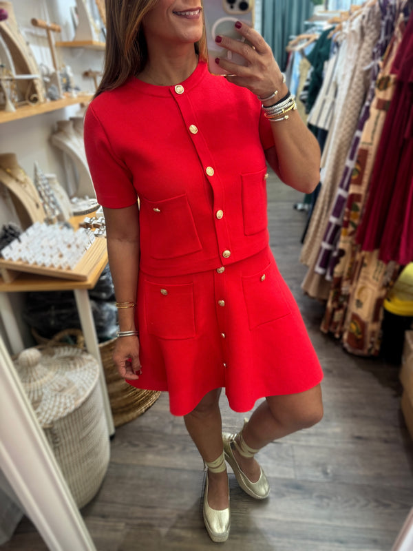 Red Gold Buttons Top & Skirt Set
