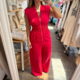 Red Smocked Waist Jumpsuit