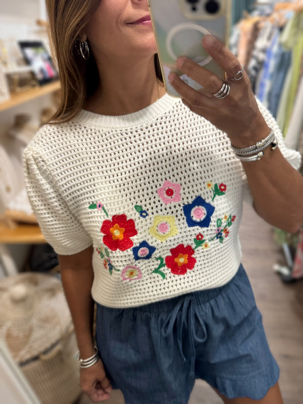 Ivory Knitted Embroidered Flowers Top