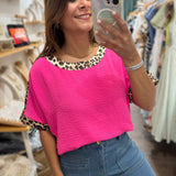 Hot Pink & Leopard Print Detail Top